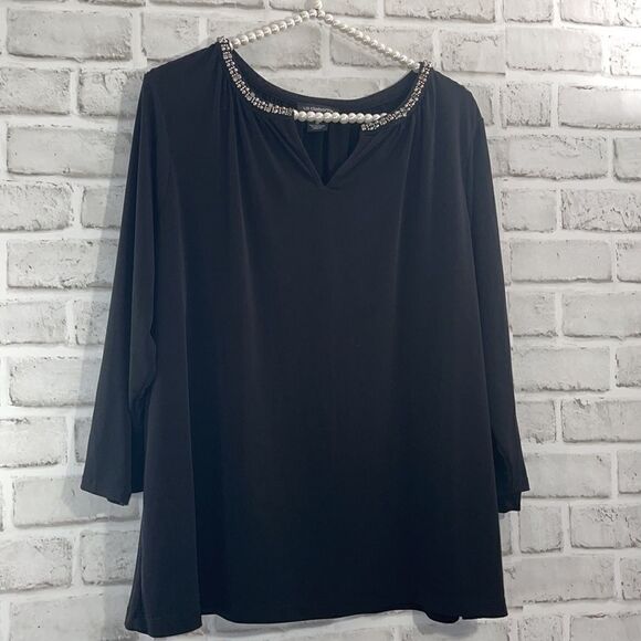 Liz Claiborne Blouse Black V Neck Embellished Neckline Rhinestones Size 1X - Picture 2 of 7